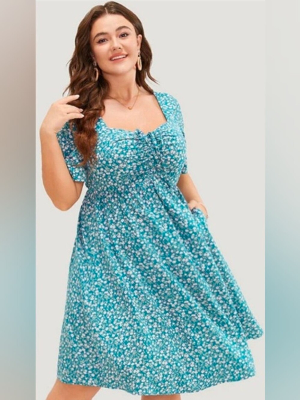 Bloomchic Teal Blue Ditsy Floral Ruched Flutter Drawstring Mini Dress Size 14/16